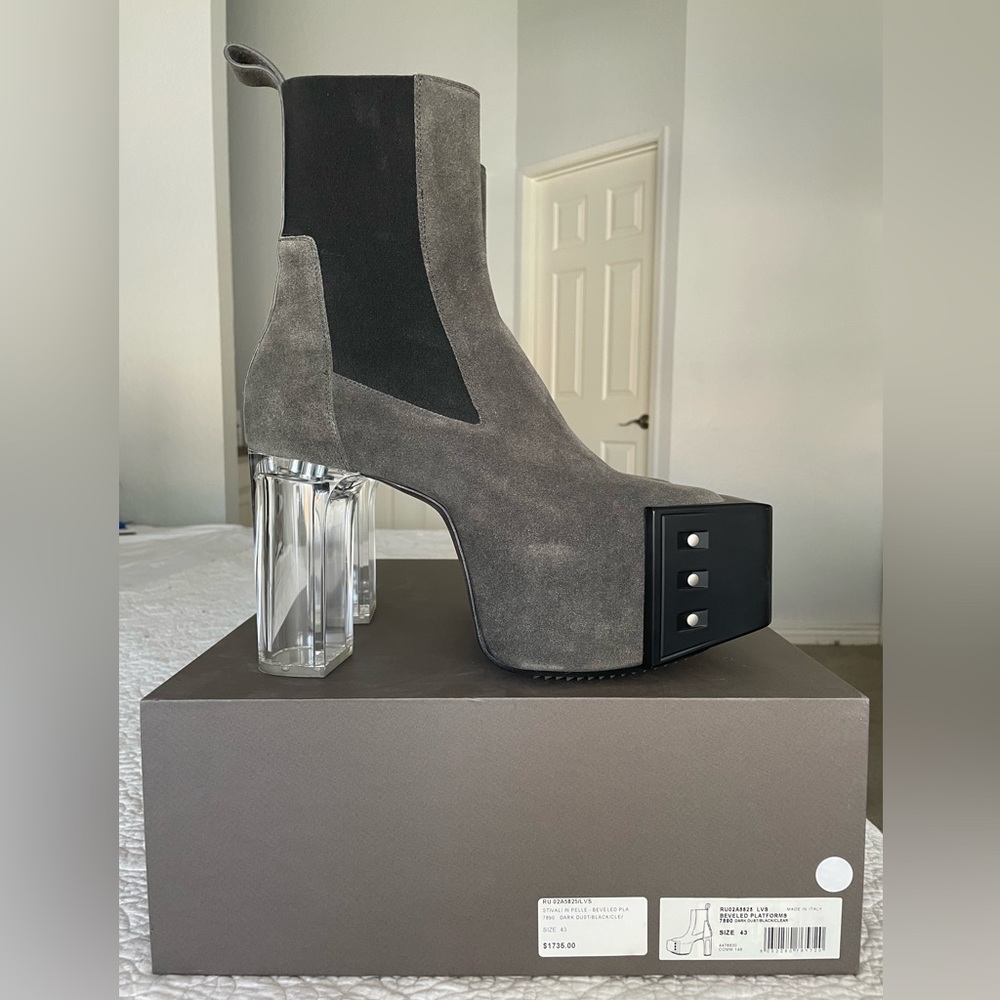 Gray suede, Rick Owens kiss boots with black flat grill